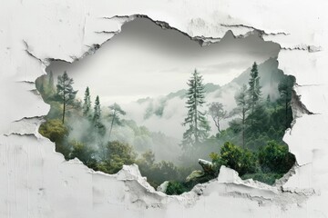 Hole in a plaster wall, revealing nature scene, photorealistic, isolated on white background