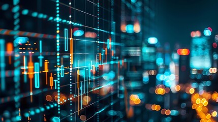Financial data chart with a blurred cityscape in the background. The chart displays financial data, such as stock prices, and highlights the relationship between data and the urban environment.