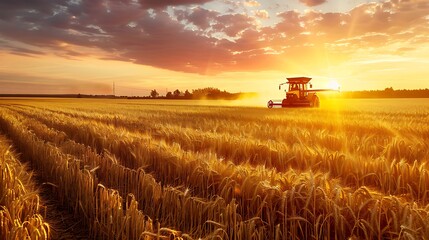 Tractor harvesting wheat in field at sunset with golden sky and ripe crops for agricultural productivity rural development and sustainable farming concept.
