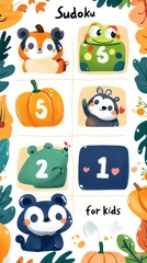 Obraz premium A Fun and Colorful Sudoku Puzzle for Kids Featuring Cute Animals and Pumpkins in an Interactive Design. Generative AI
