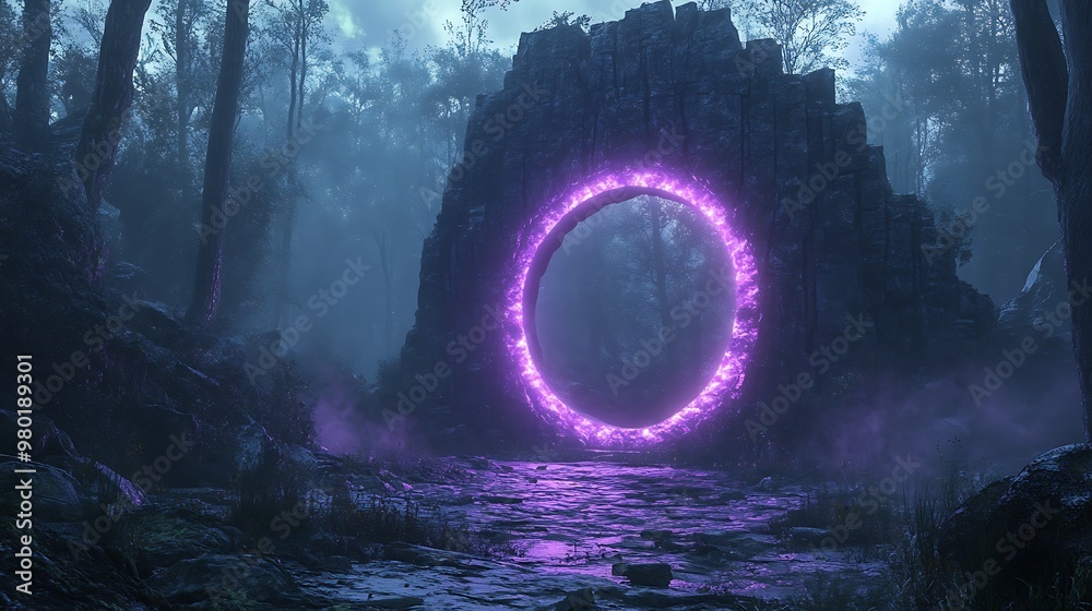 Wall mural A glowing purple portal in a misty forest at night.