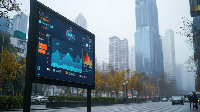 A digital display board showcases various data and graphics against a backdrop of tall buildings on a foggy day. The urban setting reveals a blend of technology and modern architecture. - Powered by Adobe