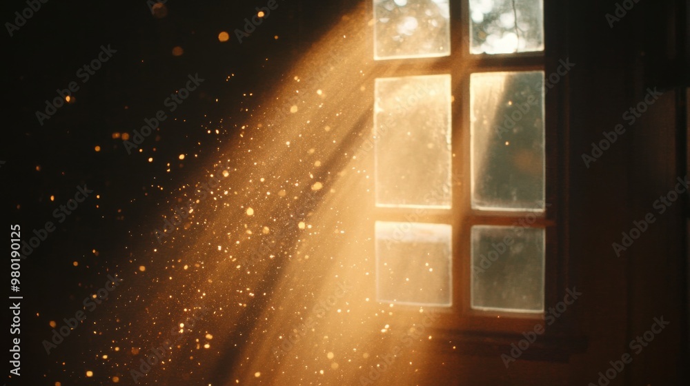 Poster Sunlight pours through a window, creating beautiful beams and highlighting floating dust particles in a warm and inviting room, evoking a tranquil and serene atmosphere.