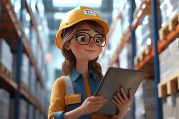 A cartoon woman wearing a hard hat and glasses is using a tablet in a warehouse.