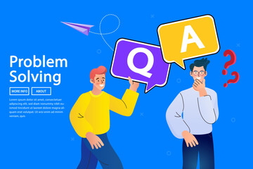 A helpful man offers a solution to a confused person with question and answer speech bubbles. This illustration represents problem solving, customer support, and a frequently asked questions section.