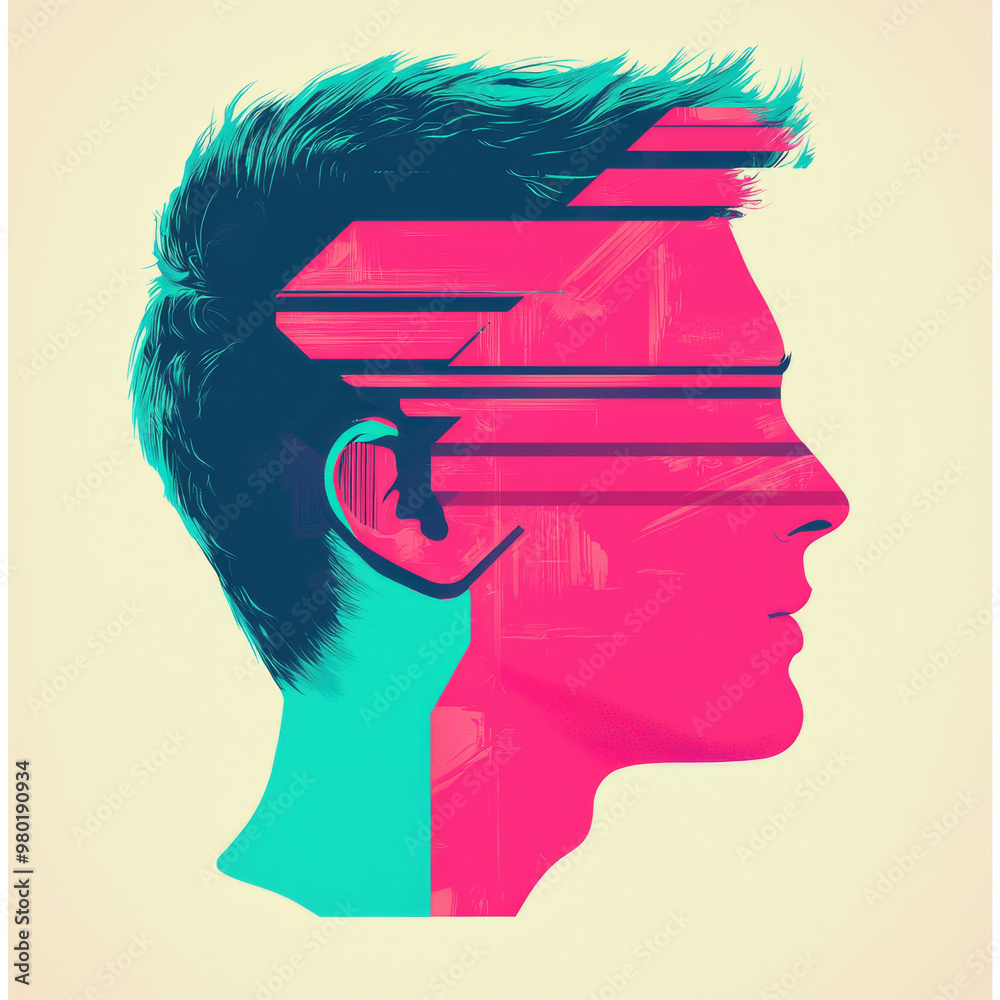 Sticker Abstract portrait of a man's face in profile with pink and blue stripes.