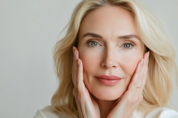Gorgeous mature woman with healthy skin posing for a close-up shot against a white background, showcasing beauty and confidence