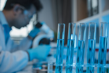 a scientist uses a microscope to look for contaminants in a test sample, a researcher uses a microscope to look closely at foreign objects, microscopes are being used in the laboratory