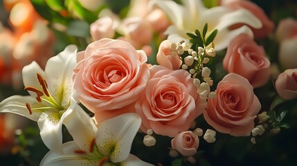 Fototapeta premium A close-up view of a bouquet featuring soft pink roses, white lilies, and delicate greenery in natural light.