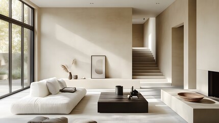 A bright, minimalist living room with neutral tones, sleek modern furniture, large windows, and natural light creating a serene, open atmosphere.