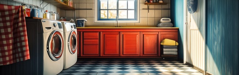 A bright laundry room with washing machines and a wooden countertop.