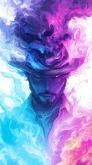 Man with a beard and hat, surrounded by colorful smoke.