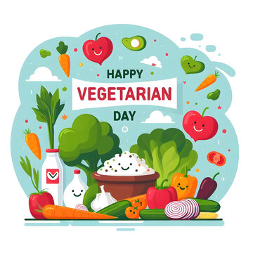 AI Generated Happy Vegetarian Day Text with Many Foods and Vegetables. Happy Vegetarian Background Vector Flat Design