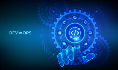 Devops. Agile development and optimisation concept. Software engineering. Software development practices methodology. Hand touching digital interface with connected gears cogs and icons. Vector.