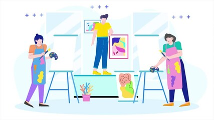 people working together on creative art projects depicting teamwork creativity and collaborative design in a studio setting illustration animated video