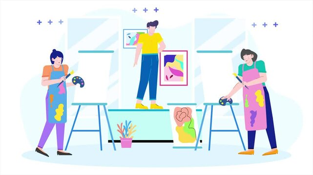 people working together on creative art projects depicting teamwork creativity and collaborative design in a studio setting illustration animated video