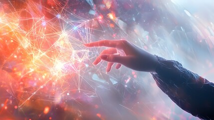 Hand Reaching Towards Glowing Abstract Network of Lines and Light