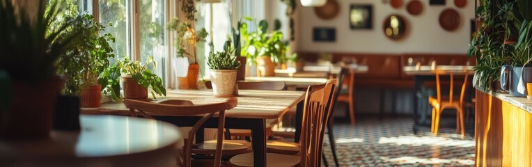 Cozy restaurant interior filled with plants and natural light.