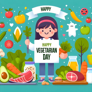 AI Generated Girl Holding Sign Happy Vegetarian Day Text with Many Foods and Vegetables. Happy Vegetarian Background Vector Flat Design