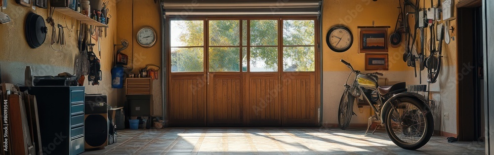 Sticker A spacious garage with tools, a motorcycle, and large windows for natural light.