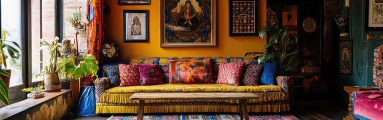 A cozy, vibrant living room with colorful decor and plants.