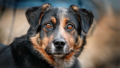 Portrait of a black and tan dog with intense brown eyes, gazing directly at the camera, showing a calm, serious expression.