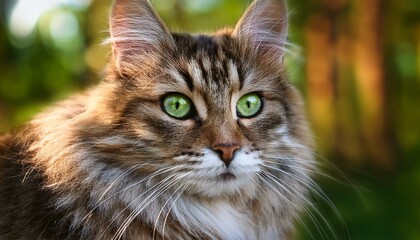 Close-up portrait of a fluffy brown cat with striking green eyes, set against a blurred natural background with warm lighting.