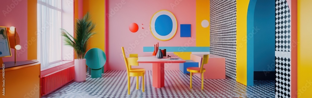 Poster A vibrant, modern interior design featuring colorful walls, furniture, and geometric shapes.