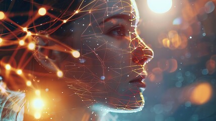 Digital portrait of a woman with a network of connections overlaid on her face, creating an abstract and futuristic design.