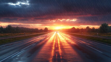 A breathtaking photorealistic highway scene at dusk