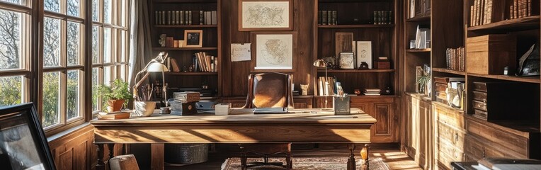 A warm, wooden office space with bookshelves, a desk, and maps on the walls.