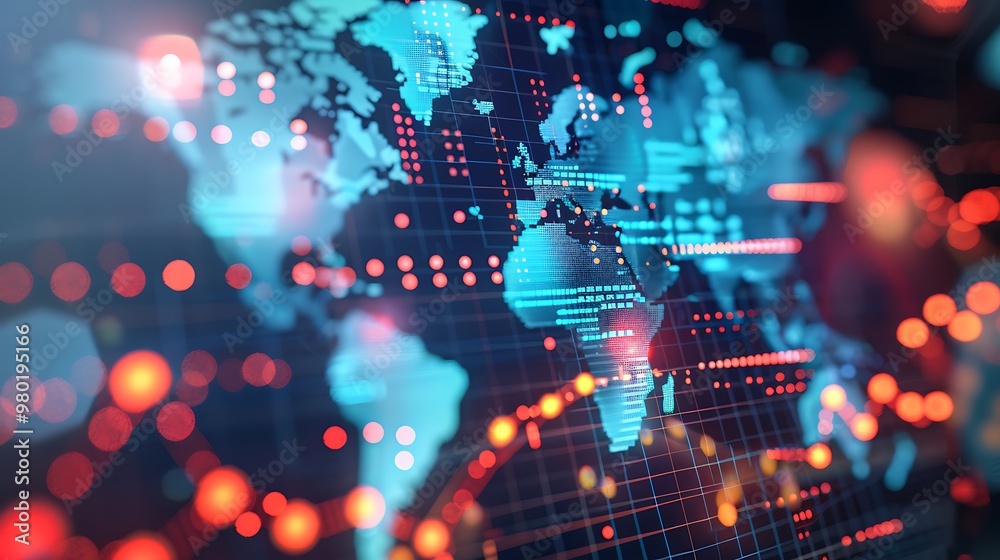 Poster abstract illustration of a digital world map with data visualizations, representing a global network