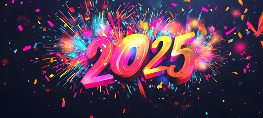 7. "A joyful New Year is design with 2025 in bold, dynamic typography, accompanied by an explosion of colorful fireworks and confetti