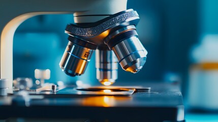 Close-up of a Microscope Lens with Glowing Light