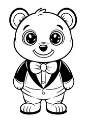 Obraz premium Coloring page for kids, a teddy bear dressed in a tuxedo with a cute smile and big eyes,