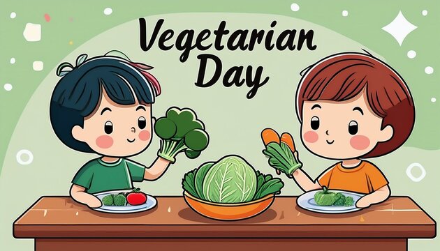 AI Generated a Boy and Girl Eating Vegetables and There is Text Vegetarian Day Text with Many Foods and Vegetables. Happy Vegetarian Background Vector Flat Design