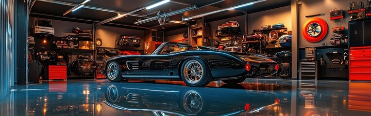 A sleek black sports car in a stylish garage with various automotive memorabilia.