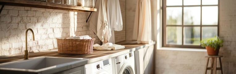 A bright and airy laundry room with washing machines, a sink, and natural light.