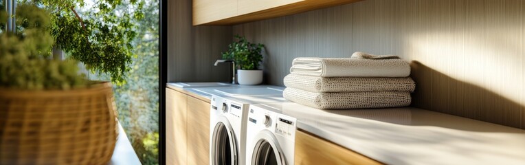 A modern laundry room featuring washing machines, neatly stacked towels, and a plant.