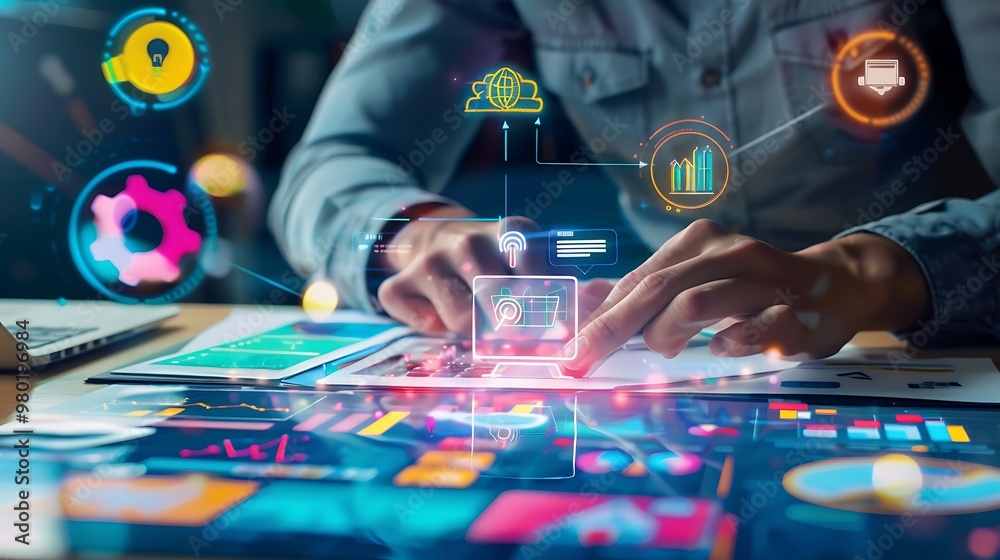 Poster businessman working on a digital device with graphs and charts displayed on the screen.