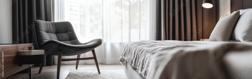 Wall mural A modern bedroom featuring a bed, chair, and natural light through large windows.