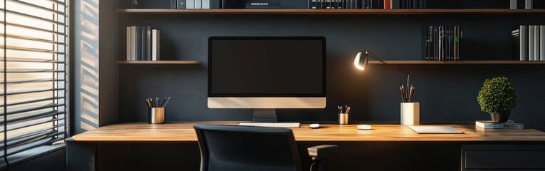 Modern workspace featuring a desk, computer, and decorative elements for productivity.