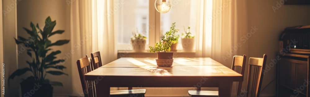 Poster A sunlit dining area with a wooden table and potted plants, inviting a cozy atmosphere.