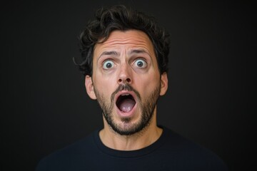 Man expressing surprise or fear with wide eyes and an open mouth against a dark background