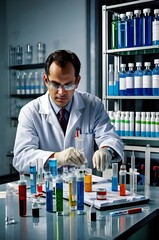Vaccine Development: A scientist working in a laboratory with syringes, test tubes, and charts, representing vaccine research and breakthroughs in medical science.