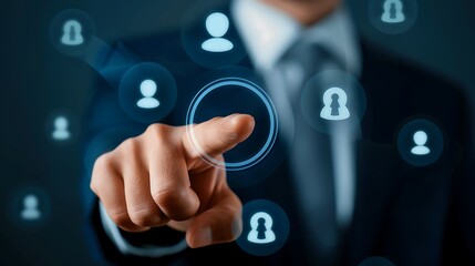 Businessman in a suit is interacting with a digital interface,  touching a virtual screen. The screen has a network of icons, representing connections and communication.