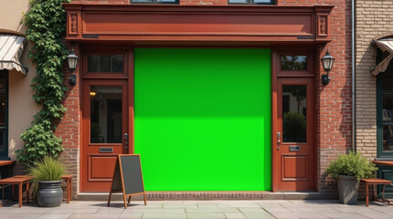 Shop Facade Mockup: Charming Brick Storefront with Green Screen Window for Small Business Advertising