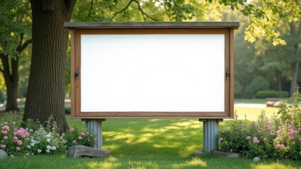 Fototapeta premium Wooden Information Board Mockup in Serene Park Setting for Nature-Inspired Advertising