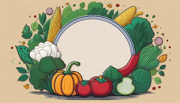 AI Generated a lot of fruit and vegetables in one place and there is blank space for text, painting design. Vegetarian food paint vector flat design