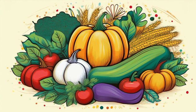 AI Generated a lot of fruit and vegetables in one place, painting design. Vegetarian food paint vector flat design
